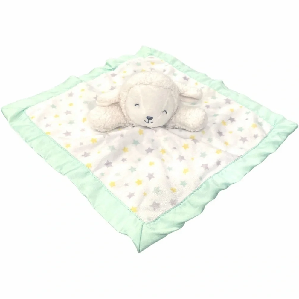 CARTERS Lamb Lovey Security Blanket Rattle Toy Satin Stars Mint Green Yellow 12”